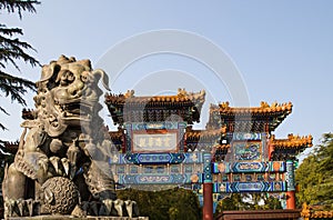 Bronze Guardian Lion Statue in Yonghe Temple (Lama Temple) in Beijing