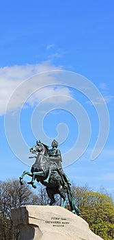The Bronze Horseman equestrian statue on ble sky backgound in St Petersburg, Russia