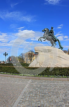 The Bronze Horseman equestrian statue of Peter the Great in Saint Petersburg, Russia.