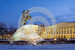 Bronze Horseman Monument to Peter the Great on the Senate Square in St. Petersburg in winter