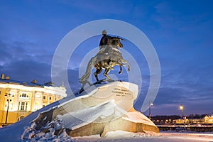 Bronze Horseman Monument to Peter the Great on the Senate Square in St. Petersburg in winter