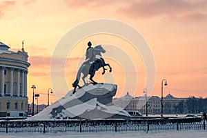 Bronze Horseman Monument to Peter the Great on the Senate Square in St. Petersburg in winter