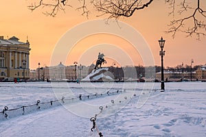 Bronze Horseman Monument to Peter the Great on the Senate Square in St. Petersburg in winter