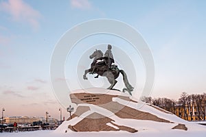 Bronze Horseman Monument to Peter the Great on the Senate Square in St. Petersburg in winter