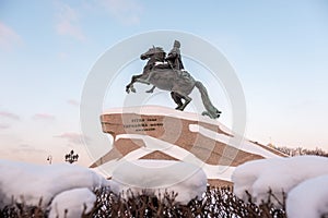 Bronze Horseman Monument to Peter the Great on the Senate Square in St. Petersburg in winter