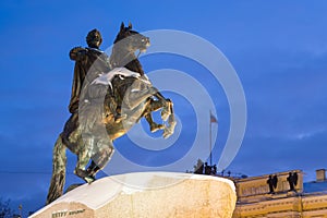 Bronze Horseman Monument to Peter the Great on the Senate Square in St. Petersburg in winter