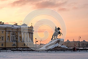 Bronze Horseman Monument to Peter the Great on the Senate Square in St. Petersburg in winter