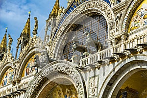 Bronze horses of Saint Mark on top of the St Mark`s Basilica in Venice, Italy