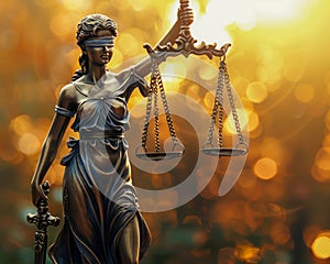 Bronze Lady Justice Statue Illuminated by Sunset Light Symbolizing Legal Law, Fairness, and Judiciary System photo