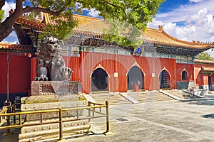 Bronze lion at the entrance to beautiful Yonghegong Lama Temple.