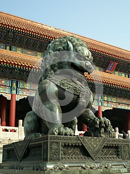 Bronze lion in front of the Forbidden City