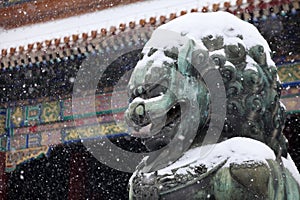 The bronze lion in front of the Gate of Supreme Harmony.