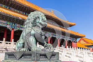 Bronze lion at the Hall of Supreme Harmony in the Forbidden City in Beijing