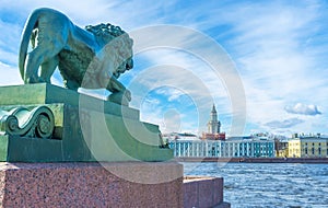 The bronze lion at Neva River bank