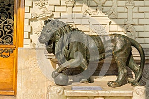 Bronze lion sculpture in front of Talar-e-Salam building of Golestan Palace inTehran, Iran,which is a UNESCO World Heritage site photo
