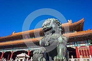 Bronze lion statue in forbidden city