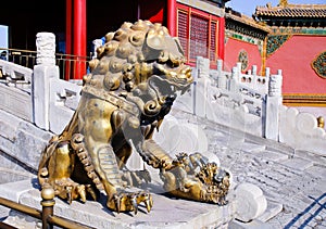 Bronze Lion statue in Forbidden City Beijing China