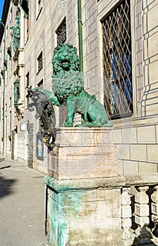 Bronze lion XIX c. in front of the Alte Residenz, royal palace photo