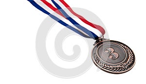 Bronze medal. Champion trophy award and ribbon. Prize in sport for third place isolated on white