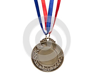 Bronze medal. Champion trophy award and ribbon. Prize in sport for third place isolated on white