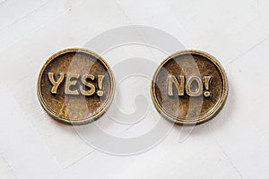 Bronze metal coins Yes or No. Coin for make choice. On white background. Decision making