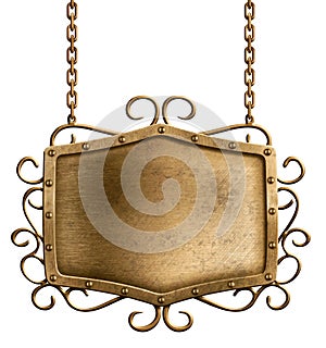 Bronze metal signboard hanging on chains isolated