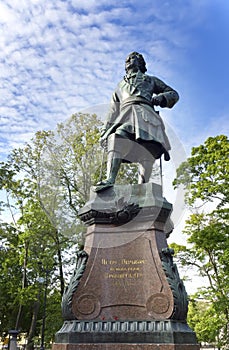 Bronze Monument to Peter I,19th century, in Kronstadt, St. Petersburg, Russia. An inscription - to Peter I - the founder of