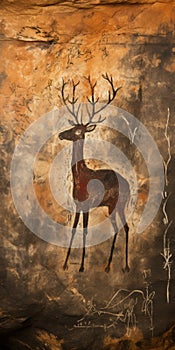 Bronze And Orange Deer Painting On Distressed Cave Wall