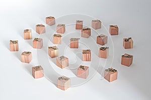 Bronze ornamental keys on Wooden toy cubes