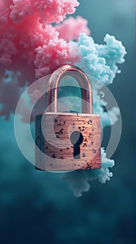 Bronze Padlock with Colorful Cloud Background Concept Security