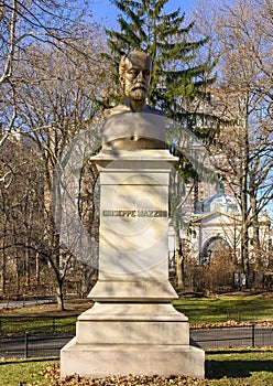 Bronze portrait bust of Italian patriot Giuseppe Mazzini located in Central Park, New York City