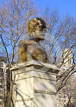 Bronze portrait bust of Italian patriot Giuseppe Mazzini located in Central Park, New York City