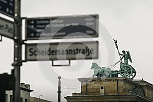 Bronze Quadriga chariot on top of the Brandenburg Gate Tor in Berlin, Germany