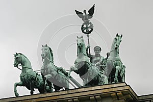 Bronze Quadriga chariot on top of the Brandenburg Gate Tor in Berlin, Germany