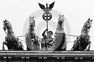 Bronze Quadriga chariot on top of the Brandenburg Gate Tor in Berlin, Germany