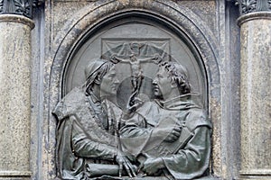 Bronze Relief of Luther at a dispute with Johannes Eck in Leipzig 1519. Statue in Eisleben, his birth and death place,  Germany.