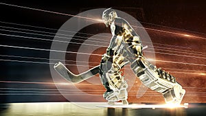 Bronze sculpture of ice hockey goalie in action pose with dramatic light dust particles in the air and fire rays. hockey