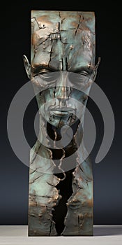 Bronze Sculpture Of Split Open Head: Planar Expressionism And Detailed Atmospheric Portraits