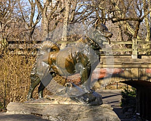 Bronze sculpture titled `Balto` by Frederick Roth in Central Park, New York.