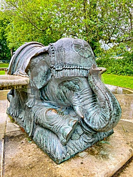 Bronze statue of Asian elephant at jephson gardens Royal Leamington Spa