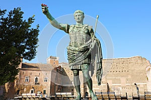 Bronze statue of Augustus the first emperor of Rome on Via dei Fori Imperiali Avenue, Rome, Italy