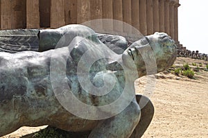 Bronze statue of the fallen Icarus in front of Temple of Concordia, Agrigento