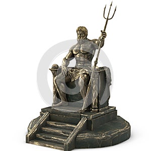 Bronze statue of the Greek god Poseidon on an isolated white background. 3d illustration