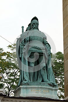 Statue of John Hunyadi, 15th century Hungarian military leader, Millennium Monument, in Heroes' Square, Budapest, Hungary