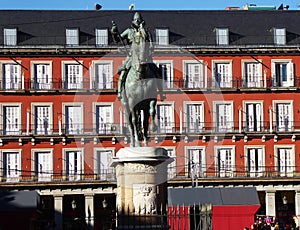 Bronze statue of King Philip III at Plaza Mayor in Madrid