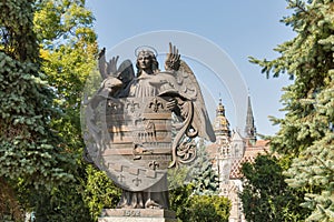 Bronze statue of the Kosice Coat of Arms, Slovakia.