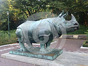 A Bronze Statue of a Rhinocerotidae in the Fall.