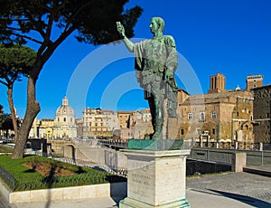 Bronze statue of S.P.Q.R. IMP. CAESARI NERVAE Augustus on Imperial Forums Street Via dei Fori Imperiali  Rome, Italy