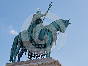 Bronze statue of Stephen I the king of Hungary at the Fishermans Bastion that located on the Buda Castle in Budapest Hungary