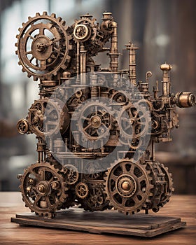 Bronze Steampunk Machine on Wooden Table